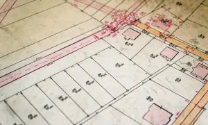 Mapa działek z zaznaczonymi budynkami i numerami. Można tu znaleźć numer księgi wieczystej po adresie.