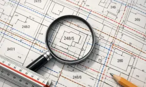 Szczegółowa mapa ewidencyjna z zaznaczonymi działkami, powiększona lupą na działkę 248/5. Obok leży linijka i ołówek.