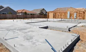 Budowa domu: wylany chudy beton, zbrojenie i szkielet drewniany.