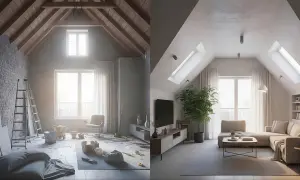 Przed i po remoncie: nieużywane poddasze staje się przytulnym salonem.