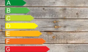 Kolorowe strzałki od zielonej (A) do czerwonej (G) symbolizują klasę energetyczną.