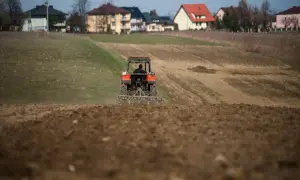 Traktor orze pole, przygotowując je pod przyszłą zabudowę. W tle widać domy, sugerujące warunki zabudowy na działce rolnej.
