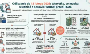 Grafika omawia sprawę **wibor tsue**, potencjalne korzyści finansowe i działania dla kredytobiorców.
