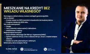 Mężczyzna w garniturze obok tekstu o kredycie rodzinnym na mieszkanie bez wkładu własnego.