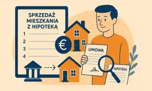 Proces sprzedaży mieszkania z kredytem: mężczyzna z lupą analizuje umowę i dokumenty dotyczące hipoteki.