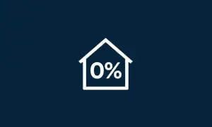 Biały zarys domu z napisem "0%" w środku. Idealny symbol dla kredytu bez wkładu własnego.