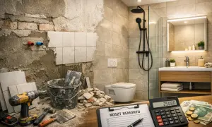Remont łazienki koszt: kalkulator pokazuje 25000, obok pieniądze i lista "Koszt remontu". W tle widać postęp prac.