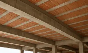 Betonowy strop z pustakami ceramicznymi, widok od dołu. Konstrukcja w trakcie budowy.