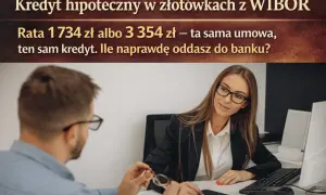 Kobieta i mężczyzna przy biurku, dyskusja o kredycie hipotecznym. Wibor 3m prognozy raty 1734 zł lub 3354 zł.
