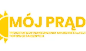Logo programu "Mój Prąd" z symbolem słońca i napisem "PROGRAM DOFINANSOWANIA MIKROINSTALACJI FOTOWOLTAICZNYCH".