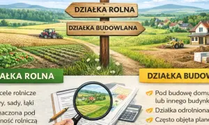 Rozdroże dróg: z jednej strony działka rolna z uprawami i traktorem, z drugiej działka budowlana z domem w budowie.