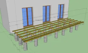 Projekt tarasu z widocznymi legarami i wymiarami. Konstrukcja opiera się na betonowych słupkach.