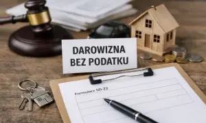 Klucze do domu, mały domek, monety i dokumenty sugerują, że chodzi o podatek od darowizny w rodzinie.