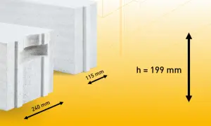 Ytong wymiary: bloczki z widocznymi oznaczeniami grubości 115 mm i 240 mm, wysokość 199 mm.