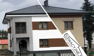 Nowa, nowoczesna elewacja frontowa domu po remoncie. Po lewej wizualizacja, po prawej stan przed.