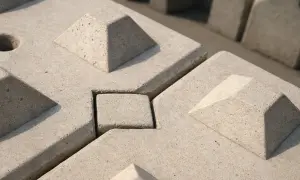 Betonowe elementy, jak wielka płyta, tworzą geometryczny wzór. Widać otwór i piramidki.