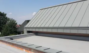 Nowoczesne opierzenie dachu z blachy tytanowo-cynkowej, chroniące przed deszczem i wiatrem.