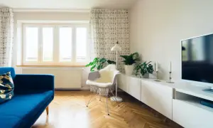 Jasny salon po remoncie starego domu. Błękitna kanapa, białe meble, parkiet i rośliny tworzą przytulną atmosferę.