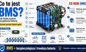 BMS to system zarządzania baterią, który monitoruje napięcie, temperaturę i prąd, chroniąc ogniwa przed uszkodzeniem. Zapewnia bezpieczeństwo i trwałość.