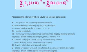 Wzór finansowy z symbolem RRSO, opisujący zależności między wypłatami a spłatami kredytu.