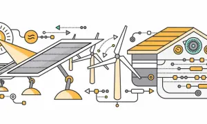 Ilustracja przedstawia dom pasywny zasilany energią słoneczną i wiatrową.