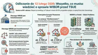 Grafika omawia sprawę **wibor tsue**, potencjalne korzyści finansowe i działania dla kredytobiorców.