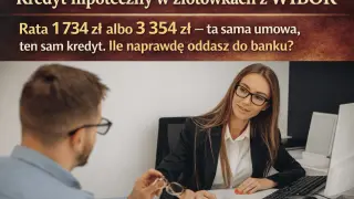 Kobieta i mężczyzna przy biurku, dyskusja o kredycie hipotecznym. Wibor 3m prognozy raty 1734 zł lub 3354 zł.