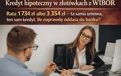 Kobieta i mężczyzna przy biurku, dyskusja o kredycie hipotecznym. Wibor 3m prognozy raty 1734 zł lub 3354 zł.