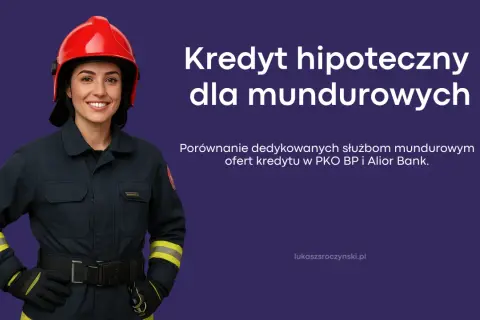 Uśmiechnięta strażaczka w hełmie. Kredyt hipoteczny dla mundurowych – porównanie ofert PKO BP i Alior Bank.