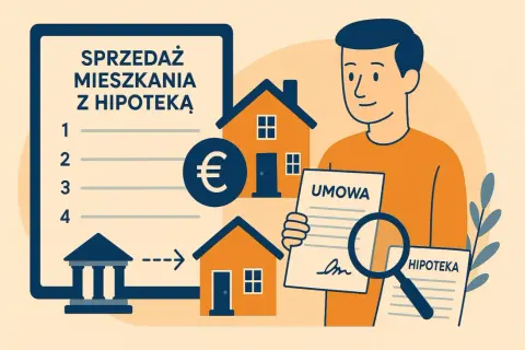 Proces sprzedaży mieszkania z kredytem: mężczyzna z lupą analizuje umowę i dokumenty dotyczące hipoteki.