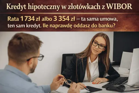 Kobieta i mężczyzna przy biurku, dyskusja o kredycie hipotecznym. Wibor 3m prognozy raty 1734 zł lub 3354 zł.