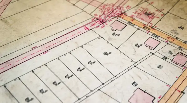Mapa działek z zaznaczonymi budynkami i numerami. Można tu znaleźć numer księgi wieczystej po adresie.