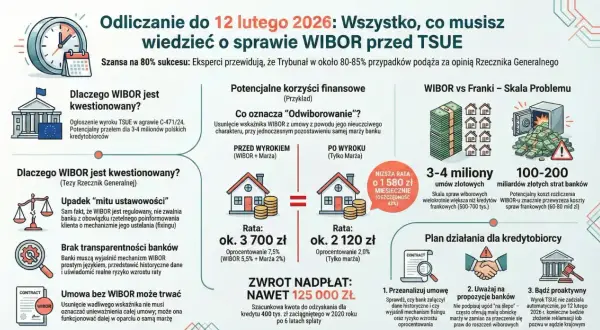 Grafika omawia sprawę **wibor tsue**, potencjalne korzyści finansowe i działania dla kredytobiorców.