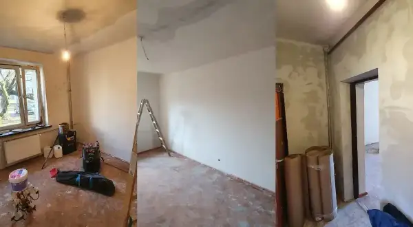 Mieszkanie za remont. Widać puszki z farbą, drabinę i materiały budowlane. Ściany i sufit są w trakcie malowania.