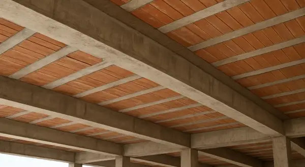 Betonowy strop z pustakami ceramicznymi, widok od dołu. Konstrukcja w trakcie budowy.