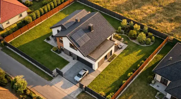 Nowoczesny dom na działce budowlanej z panelem słonecznym na dachu, zadbanym ogrodem i podjazdem.