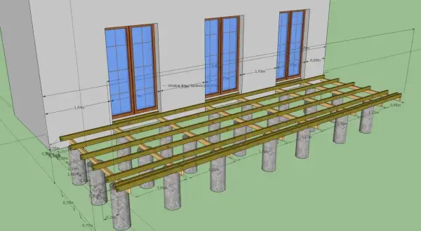 Projekt tarasu z widocznymi legarami i wymiarami. Konstrukcja opiera się na betonowych słupkach.