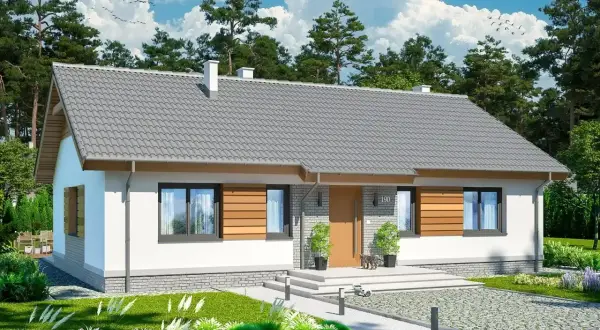 Nowoczesny dom z białymi ścianami i szarym, falistym dachem dwuspadowym. Przed wejściem rosną drzewka, a wokół zadbany ogród.