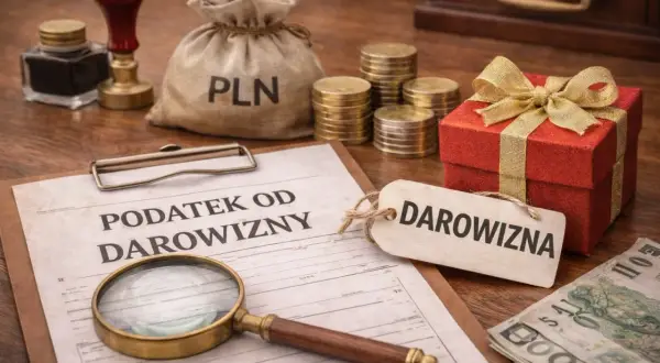 Dokument "Podatek od darowizny" obok prezentu, monet i pieniędzy sugeruje, ile wynosi podatek od darowizny.