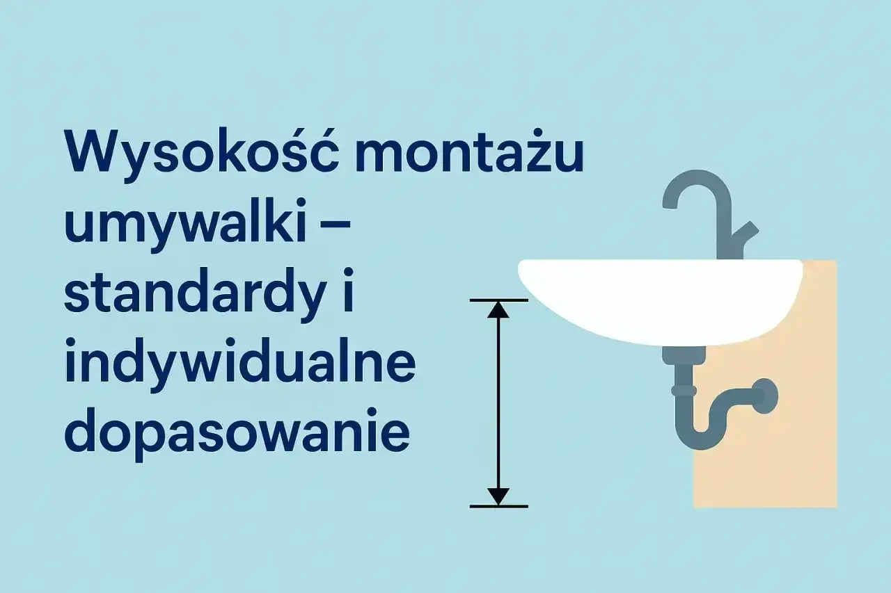 Wysokość montażu umywalki: standardy i indywidualne dopasowanie. Ilustracja pokazuje umywalkę z zaznaczoną miarą wysokości.