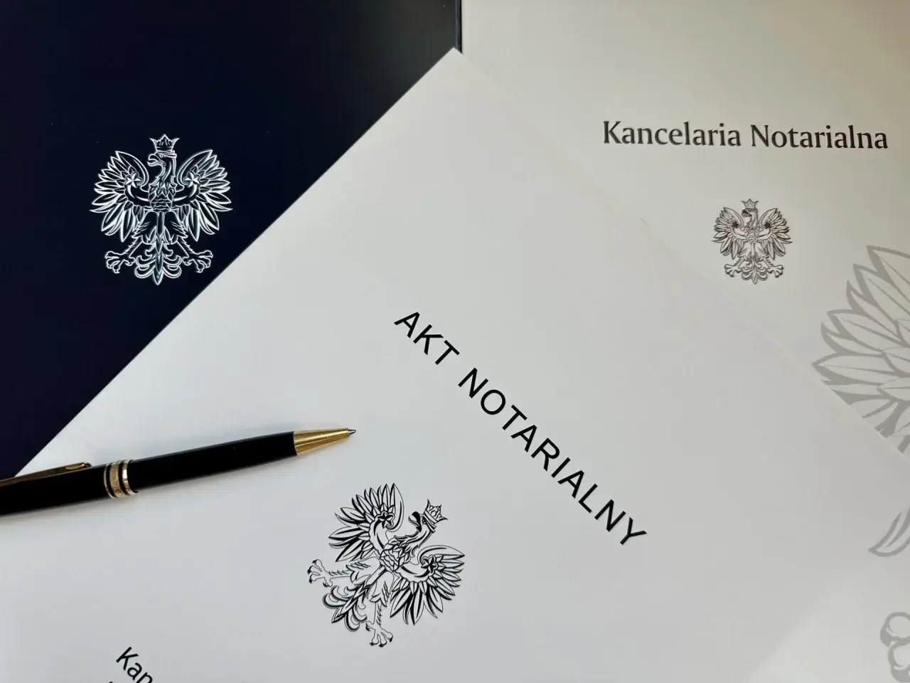 Akt notarialny z piórem i godłem Polski.