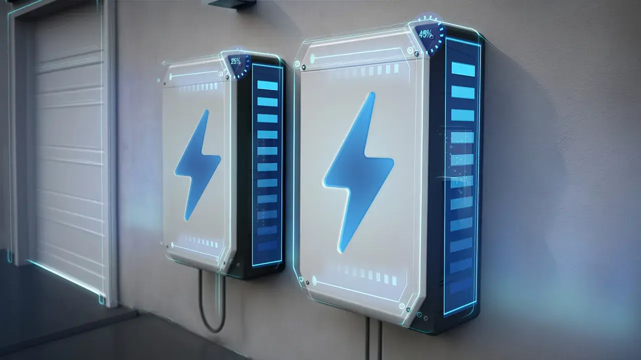 Dwa nowoczesne magazyny energii z niebieskimi błyskawicami i wskaźnikami naładowania. Sprawdź magazyn energii cena i zainwestuj w przyszłość.