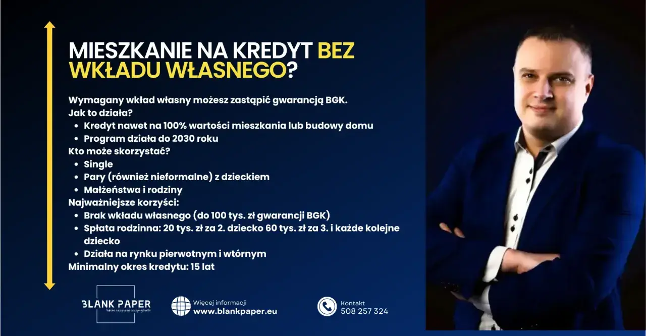 Mężczyzna w garniturze obok tekstu o kredycie rodzinnym na mieszkanie bez wkładu własnego.