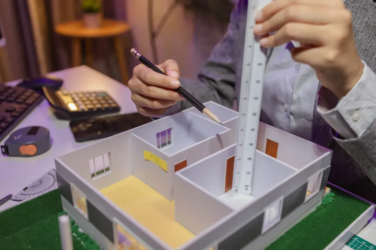 Architekt mierzy model domu, planując każdy metr sześcienny.