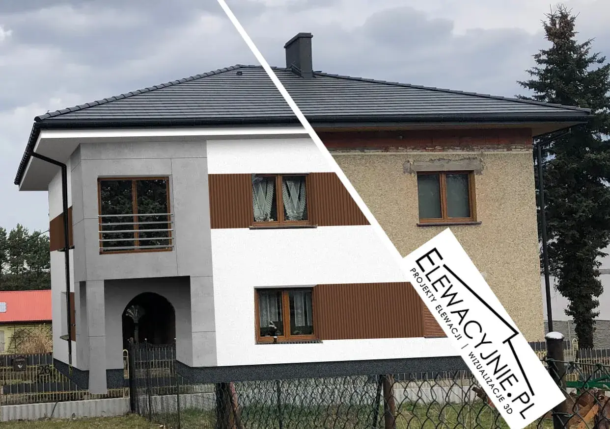 Nowa, nowoczesna elewacja frontowa domu po remoncie. Po lewej wizualizacja, po prawej stan przed.