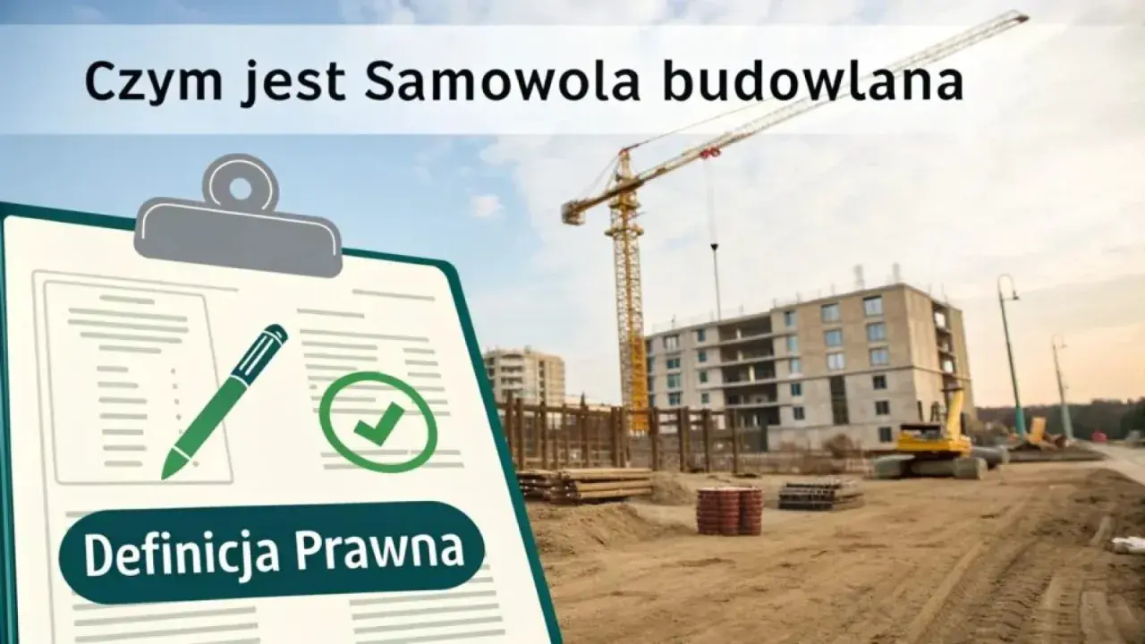 Czym jest samowola budowlana? Na budowie widać dźwig i powstający budynek. Na pierwszym planie dokument z definicją prawną.