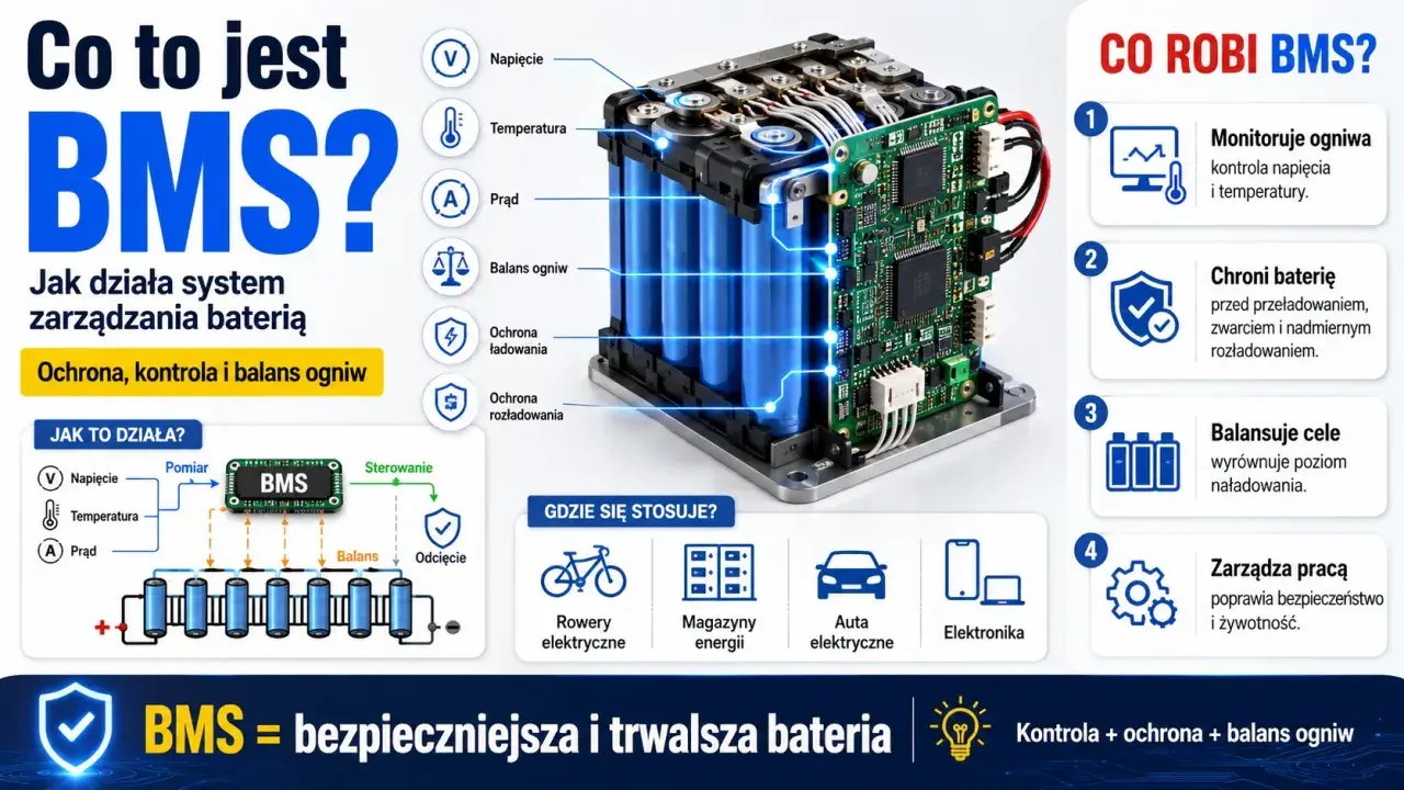 BMS to system zarządzania baterią, który monitoruje napięcie, temperaturę i prąd, chroniąc ogniwa przed uszkodzeniem. Zapewnia bezpieczeństwo i trwałość.