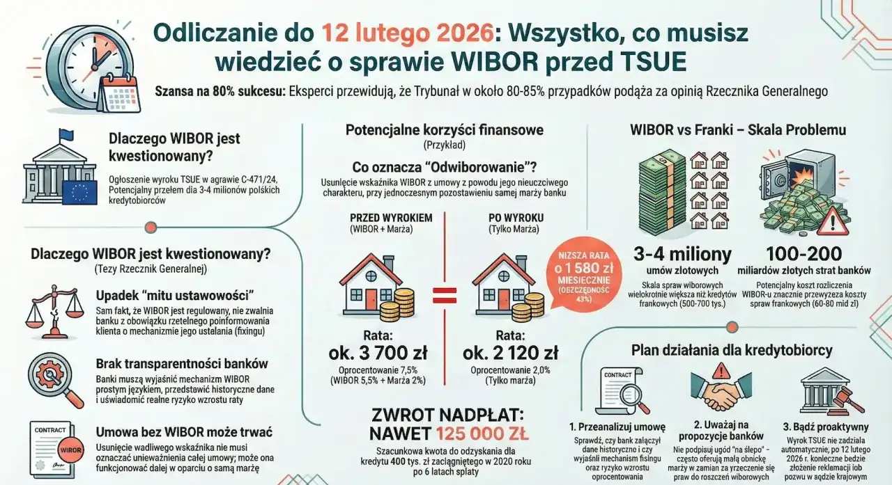 Grafika omawia sprawę **wibor tsue**, potencjalne korzyści finansowe i działania dla kredytobiorców.