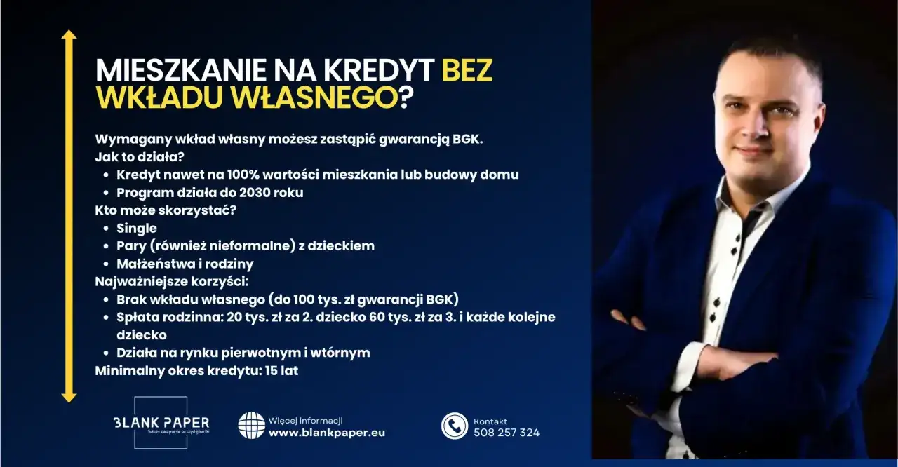Mężczyzna w garniturze obok tekstu o kredycie rodzinnym na mieszkanie bez wkładu własnego.