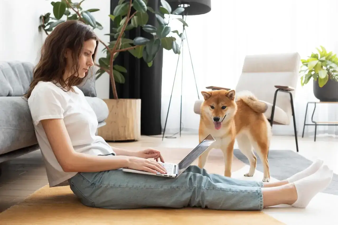 Kobieta z psem Shiba Inu pracuje na laptopie, siedząc na podłodze. Może szukać informacji o tym, jak zostać dobrym wynajmującym.